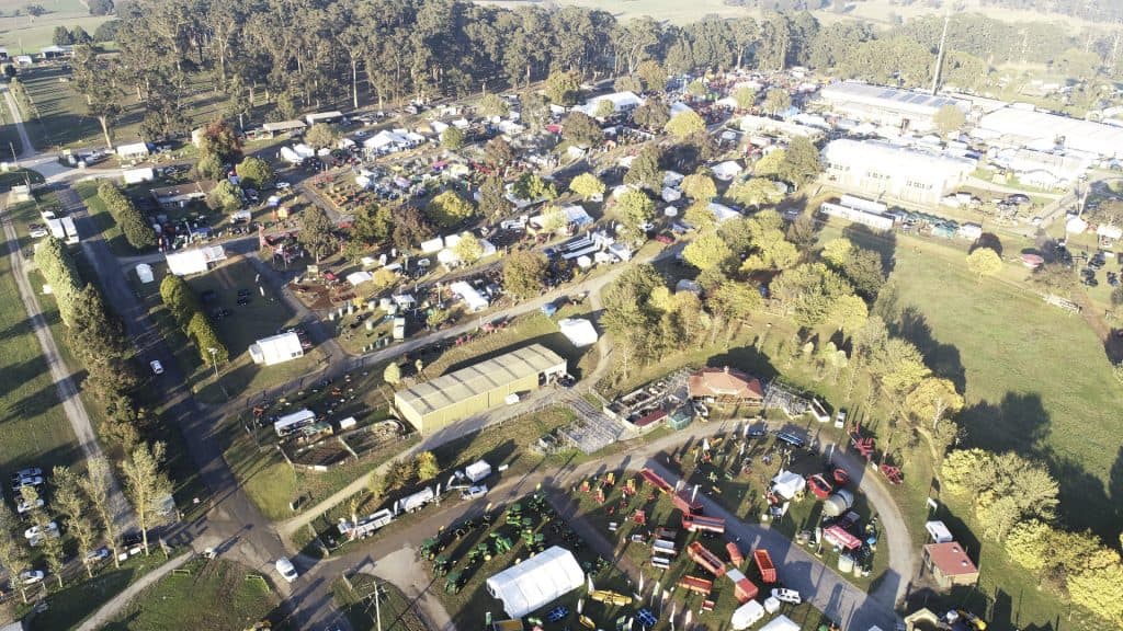 Aerial image of Farm World at Lardner Park, showing tractors, marquees, and exhibitors.