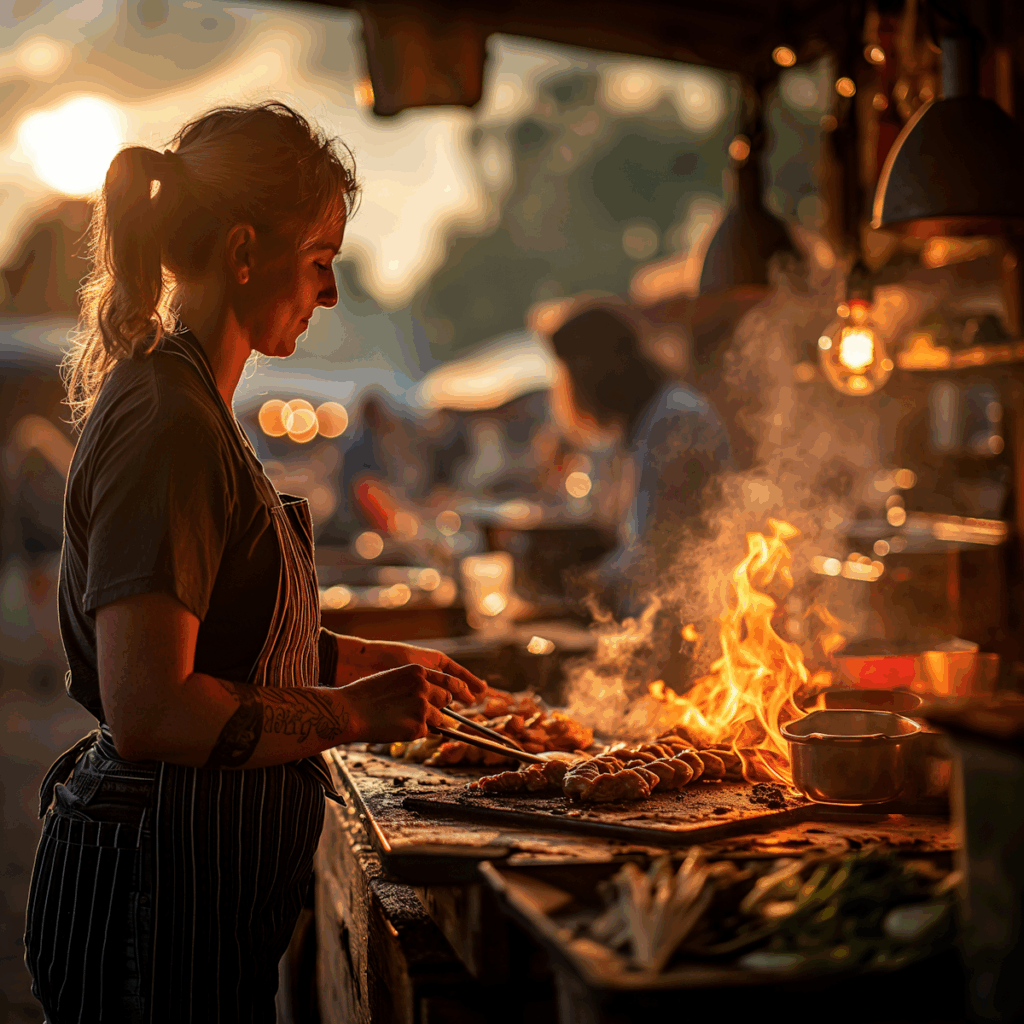 Image of a female food trader grilling food for an event.